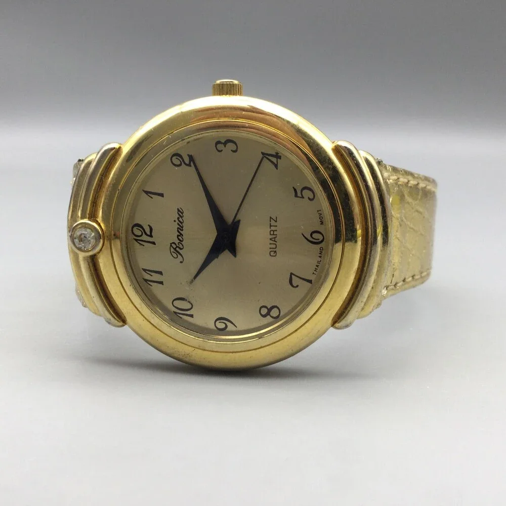 Vintage Ronica Womens Watch 31mm Gold Tone Gem Leather New Battery